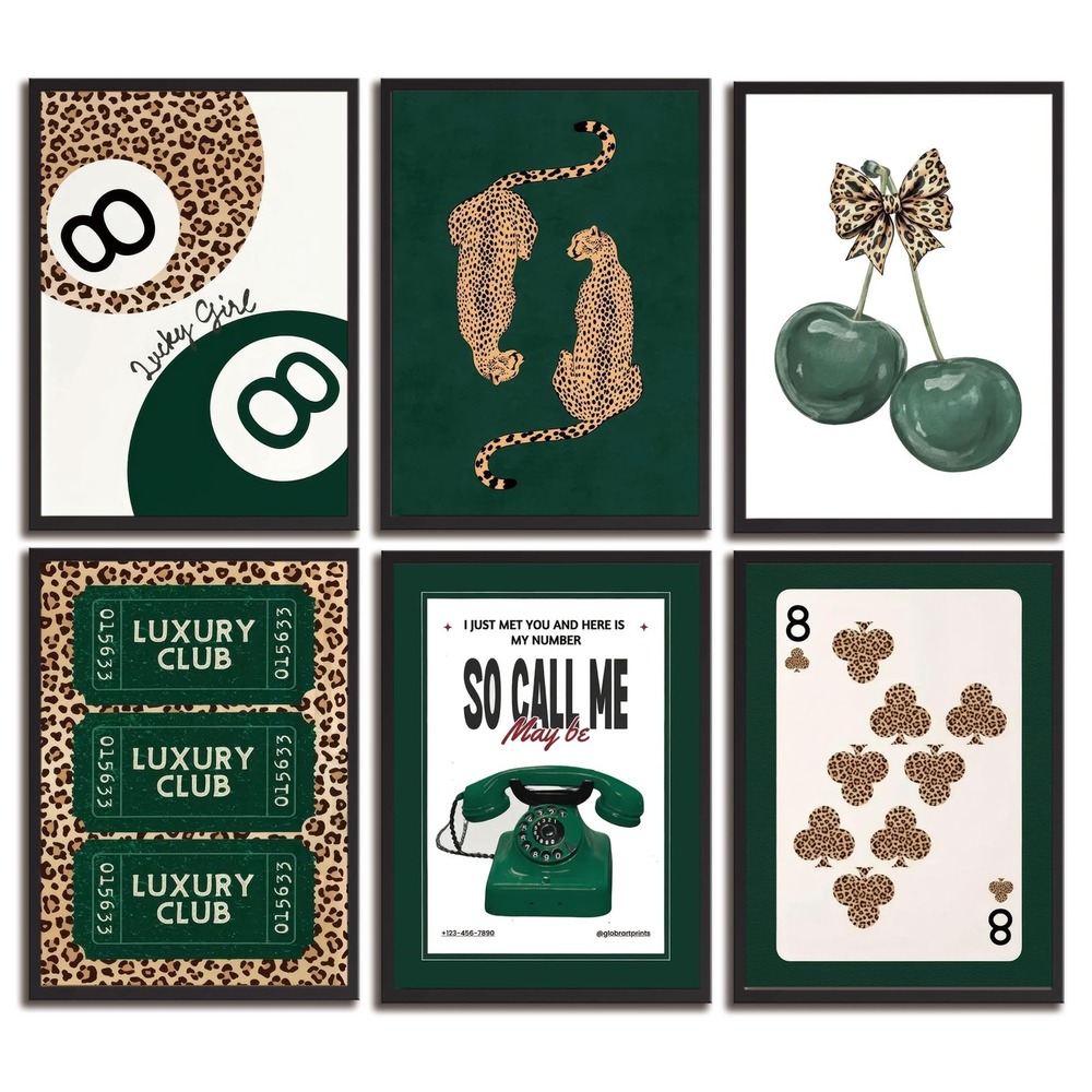 NWT HHB 6Pc Green Leopard Canvas Wall Art Prints Unframed 8x10 Preppy Decor - Picture 1 of 2